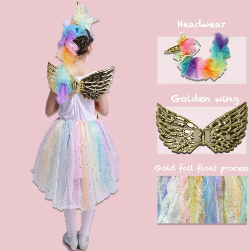 Vista 4 de Girls Princess Dress up Costume Kid Cosplay Party Dress, Rainbow Unicorn Dress Up Costume for Halloween