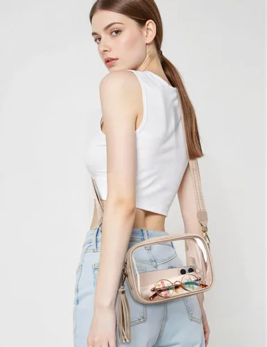 Vista 4 de Yarnic Bolsa Transparente Aprobada para Estadios, Bolso Cruzado Transparente de PVC Bolsa Cruzada Pequeña Transparente con Correa de Hombro Ajustable