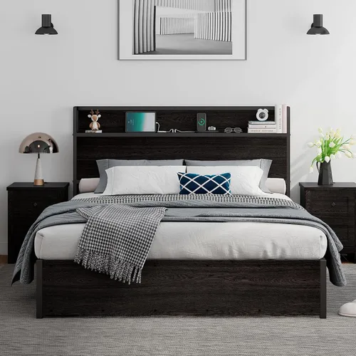 Vista 3 de Cama de Almacenamiento Elevable Tamaño Full, Marco de Cama Plataforma de Madera con Cabecera de Almacenamiento y Estación de Carga, No Necesita Negro