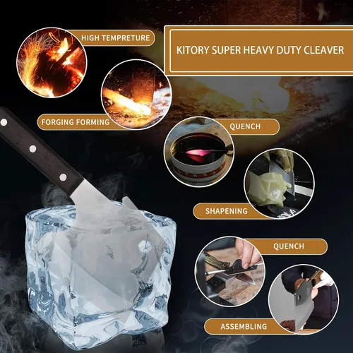 Vista 7 de Kitory Cuchilla de carne, cuchillo de corte de huesos resistente, hoja súper gruesa en forma de hachas de espiga completa, rompe huesos, cuchillo