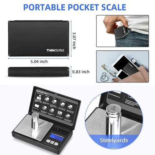 Vista 4 de THINKSCALE Mini báscula de bolsillo con 6 unidades, yardas, tara, báscula digital para joyas, medicinas, café, hierbas, peso cal incluido