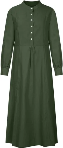 Vista 7 de Vestido largo de lino de algodón para mujer, de manga larga, con botones lisos, cuello redondo, para otoño, casual, hasta el tobillo