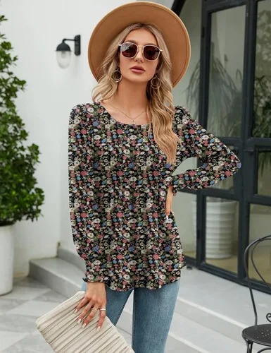 Vista 3 de LOMON Blusa de manga larga y corta para mujer, plisada, cuello redondo, estilo casual, holgada, para otoño