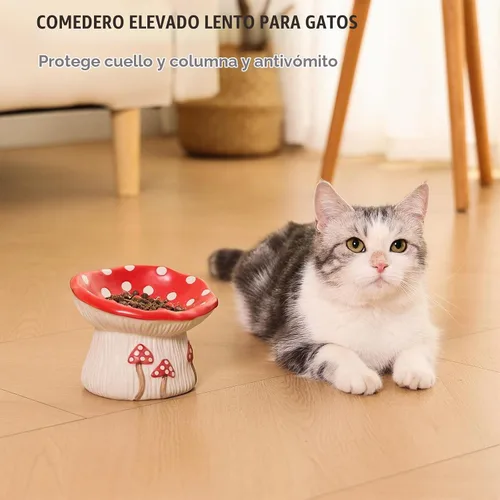 Vista 5 de Alimentador lento de cerámica para gatos, Tazón elevado de comida con forma de hongo lindo, Plato elevado poco profundo para gatos, Cuencos