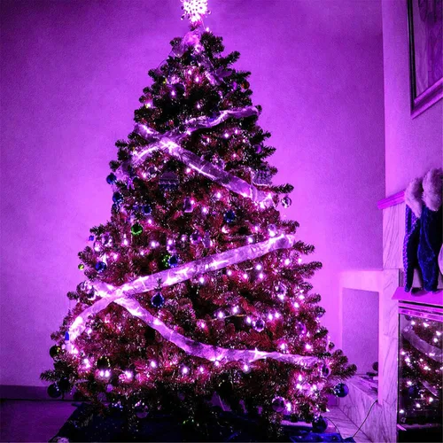Vista 6 de RUICHEN Guirnalda de luces de alambre de cobre enchufable de 33 pies, 100 luces LED con carrete, color morado
