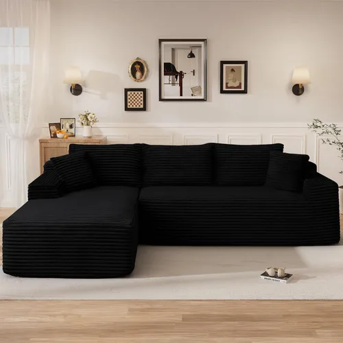 Vista 28 de Sofás seccionales sin hueso en forma de L de 108 pulgadas para sala de estar, moderno y cómodo sofá modular de pana comprimida de espuma