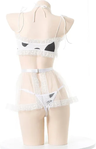 Vista 7 de SINROYEE Bikini sexy de vaca para mujer, traje de Lolita Maid, brasier y calzón kawaii, lencería de anime japonés