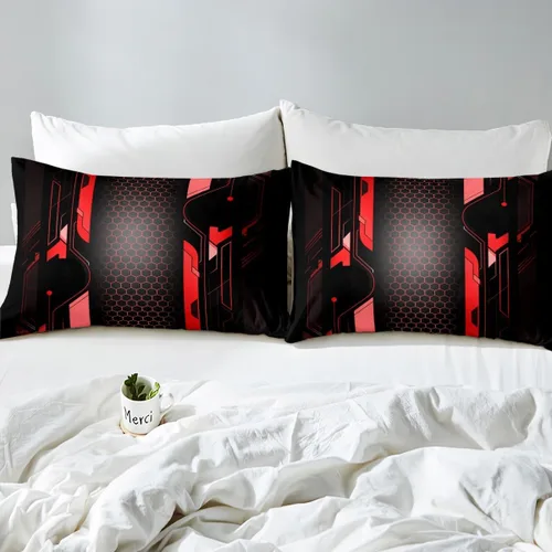 Vista 7 de Manfei Sábana bajera ajustable de panal rojo, tamaño matrimonial, juego de ropa de cama hexagonal geométrica de 3 piezas para decoración de Multi 07