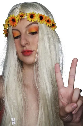 Vista 6 de Allaura Disfraz de diadema con flores, peluca hippie para mujer, disfraz de los años 1970 + diadema de flores extraíble, peluca larga, rubia