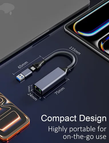 Vista 8 de Adaptador USB C a Ethernet de 2.5 Gbps, 2 en 1 USB 3.0 y adaptador de red USB-C a RJ45, convertidor LAN Gigabit de 2500 Mbps con carcasa