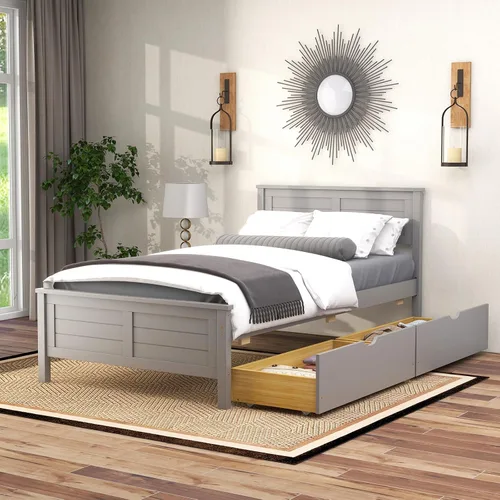 Vista 11 de GOFLAME - Base de cama tamaño individual con 2 cajones, base de plataforma con cabecera y estribo de madera maciza, listones de madera para soporte