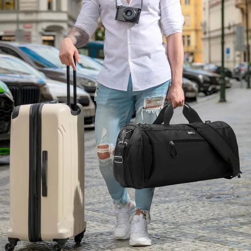 Vista 8 de TOPDesign Bolsa de gimnasio para mujeres y hombres, bolsa de lona unisex con compartimento para zapatos y bolsillo húmedo para viajes, deportes