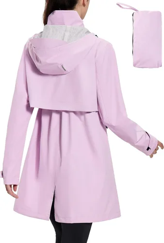 Vista 8 de baleaf Abrigo de lluvia largo para mujer, chaqueta de ciclismo plegable, impermeable, cortavientos, ligera, con capucha