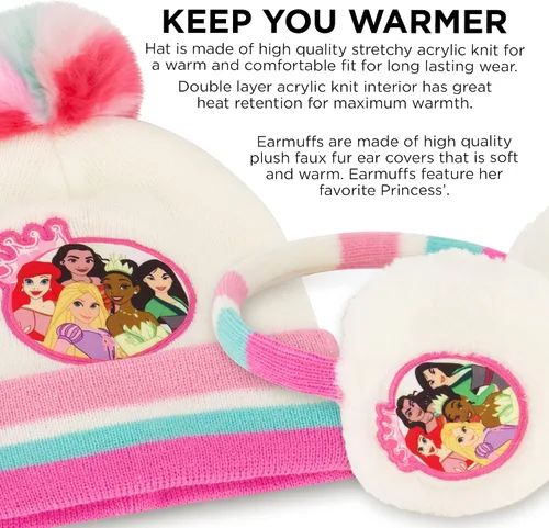 Vista 4 de Disney Conjunto de orejeras de invierno y guantes para niños princesa para edades de 4 a 7 años Princesa