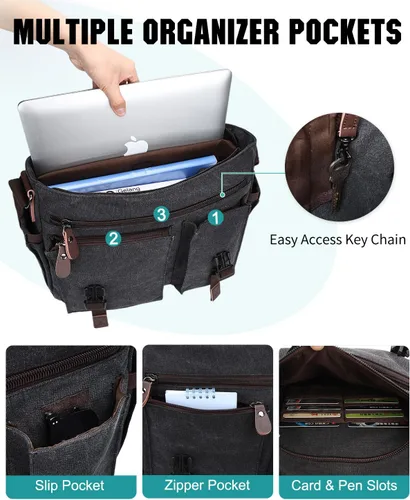 Vista 4 de RAVUO Bolsa de mensajero para hombre, resistente al agua, de lona, 14, 15.6, 17 pulgadas, maletines para laptop, bolsa de hombro de negocios