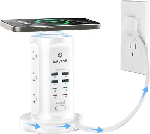 Vista 9 de Kakyanill Estación de carga USB de 30 W, torre de regleta de alimentación, 9 salidas de CA con 8 puertos USB (4 USB-C), cable de extensión retráctil