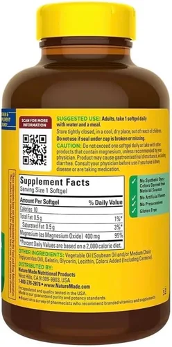 Vista 2 de Magnesio extra fuerte 400 mg Apoyo para huesos, nervios y músculos 180 cápsulas blandas - suministro para 6 meses Sin gluten Suplemento