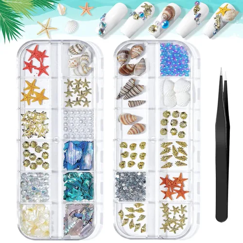 Vista 10 de Diamantes de imitación para uñas de playa de verano, diseño de concha y remaches con diseño de estrella de mar, diseño de concha y remaches