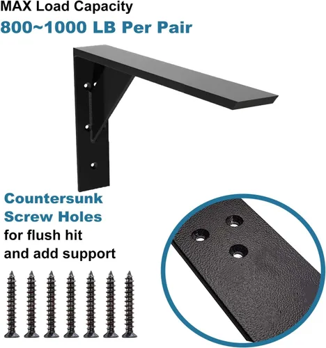 Vista 3 de Soportes de estante resistentes, paquete de 2 soportes de estante de 12 x 10 x 2.5 pulgadas, acero negro de 3/8 pulgadas de grosor, soporte en L