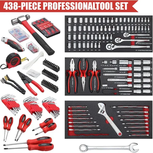 Vista 2 de Juego de herramientas mecánicas de 438 piezas con caja de metal resistente de 3 cajones, kit de herramientas de reparación -02