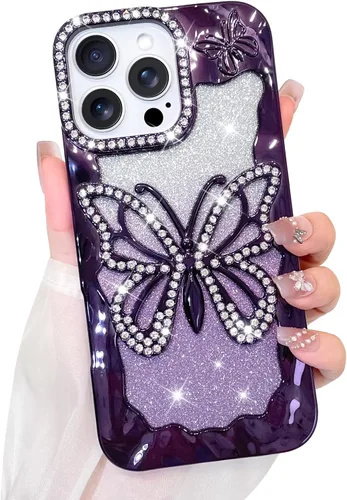 Vista 29 de Bonoma Funda con purpurina para iPhone 13 Pro Max, bonita funda 3D con patrón de chapado en degradado de mariposa de diamante, protección de cámara