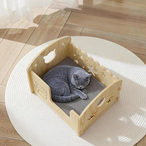 Vista 8 de Cama para gatos semicerrada de madera maciza con artesanía de tallado de dibujos animados, ahorro de espacio para apartamentos pequeños, estudios