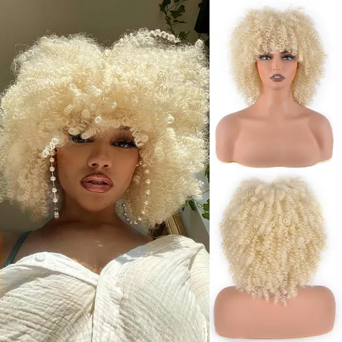 Vista 16 de Vitorish Peluca corta afro rizada con flequillo para mujeres negras, peluca sintética resistente al calor, color negro natural, para uso diario