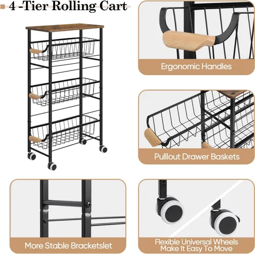 Vista 5 de Shinoske Carrito de almacenamiento delgado y rodante, carrito de cocina con ruedas de 4 niveles, carrito utilitario estrecho con cesta extraíble