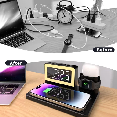 Vista 8 de Estación de carga rápida inalámbrica, reloj despertador 7 en 1 con soporte de cargador inalámbrico, base de carga para Apple, para múltiples