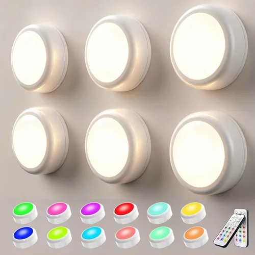 Vista 9 de Luces de empuje con control remoto, 6 piezas de luces LED de disco de hockey alimentadas por batería, iluminación inalámbrica debajo del gabinete