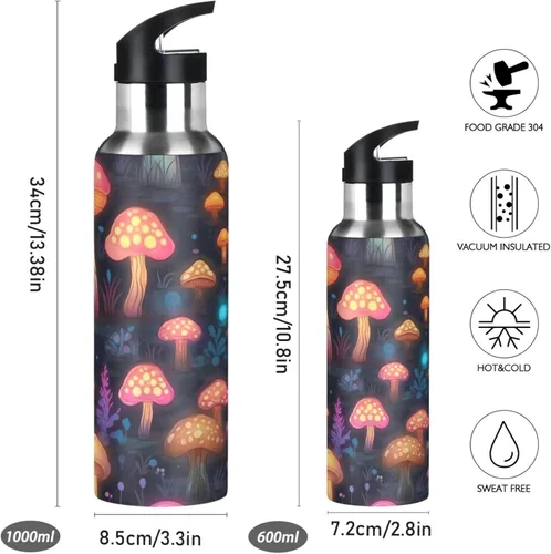 Vista 2 de Vnurnrn Botella de agua deportiva con tapa aislada y pajita, acero inoxidable de 20 onzas, sin BPA, a prueba de fugas, taza deportiva, hongos