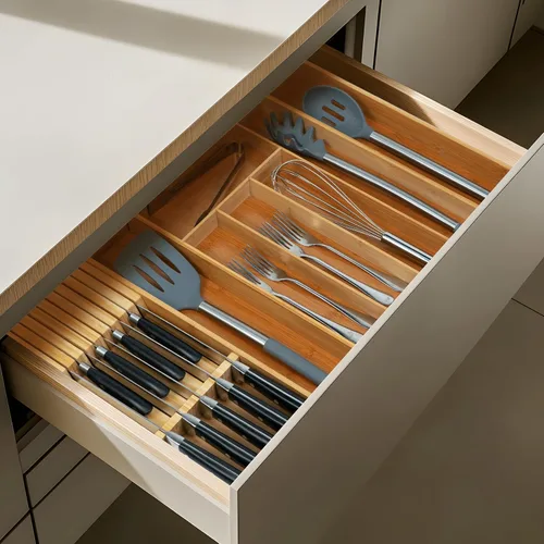 Vista 7 de Utoplike Organizador de cajón para cuchillos Bloque de cuchillos de bambú para cocina, Soporte para bistecs de mango grande, Apto para 9 cuchillos