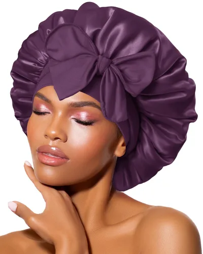 Vista 12 de BONNET QUEEN - Gorro de seda para dormir de BONNET QUEEN, gorro de satén para dormir con banda de amarre ajustable, para cabello rizado, de una sola