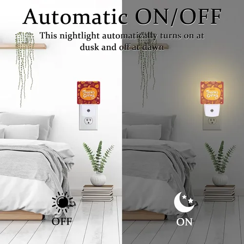 Vista 6 de Luz nocturna de Feliz Acción de Gracias para niños, otoño otoño naranja calabaza hoja de arce luz nocturna enchufable con sensor de atardecer a