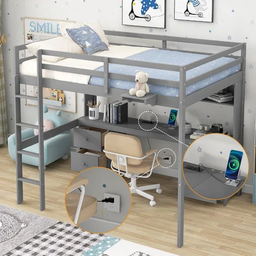 Vista 10 de Cama loft multifuncional de tamaño individual con 8 estantes de almacenamiento abiertos y escalera integrada, marco de cama de almacenamiento