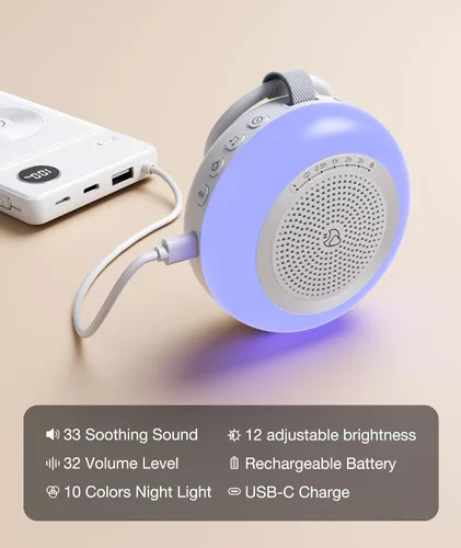 Vista 6 de Máquina de Sonido Portátil para Bebé, LEICEX Máquina de Ruido Blanco, 33 Sonidos Relajantes, Luz Nocturna de 10 Colores Máquina de Sueño para Bebés