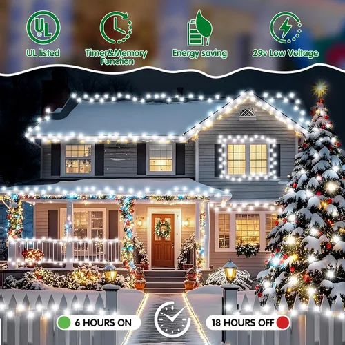 Vista 3 de Luces de Navidad para exteriores, 403 pies, 1000 luces LED, 8 modos y función de memoria con temporizador, luces de hadas parpadeantes, IP44, Blanco