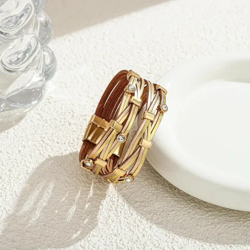Vista 3 de Pulseras de cuero para mujer, estilo bohemio, multicapa, con cuentas de cristal, hechas a mano, apilables, de cuero, joyería