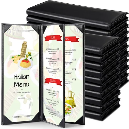 Vista 7 de Jexine Fundas negras de menú impermeables para restaurante, cafetería, bar, de piel sintética, libro de menú de 4 pliegues con esquinas en ángulo