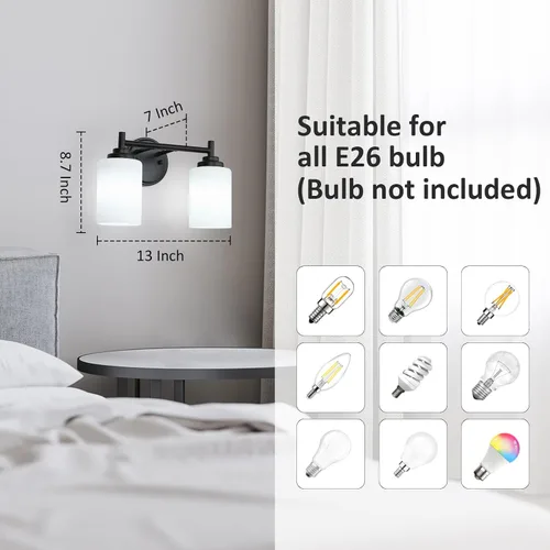 Vista 2 de Lámpara de baño negra mate, 2 luces para tocador de baño con pantalla de vidrio esmerilado blanco, modernos apliques de pared para dormitorio