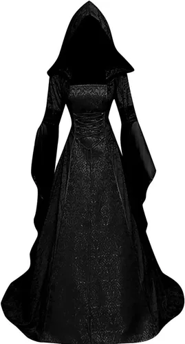 Vista 11 de BITSEACOCO Disfraz de bruja de lujo para mujer, vestido de vampiro con capucha gótico renacentista bordado vintage, vestido de cosplay Rojo vino