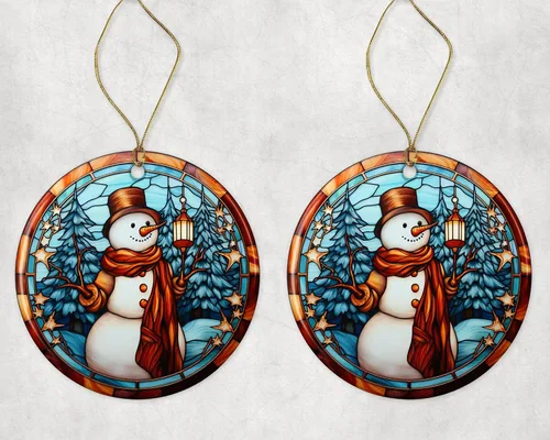 Vista 3 de Adorno de muñeco de nieve de Navidad de vitral, adorno de cerámica, adorno de muñeco de nieve de vitral, adorno religioso para cristianos impreso