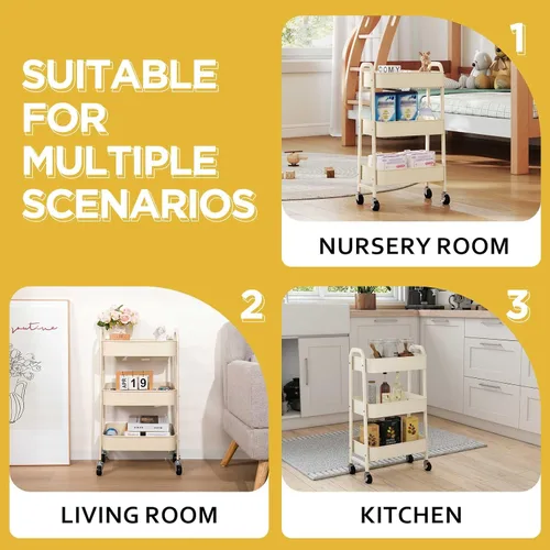 Vista 3 de AGTEK Carrito de maquillaje, Carrito organizador móvil rodante,Carrito utilitario de metal de 3 niveles, Beige