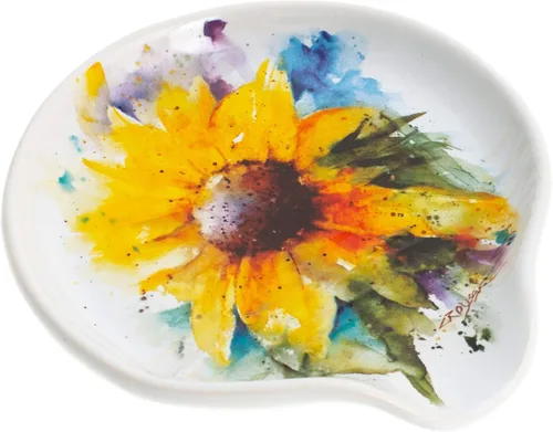 Vista 3 de DEMDACO Acuarela de girasol amarillo sobre blanco 5 x 5 gres brillante cuchara resto