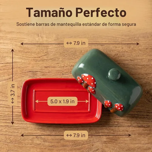 Vista 4 de Mantequera de Cerámica en Forma de Seta con Tapa para Encimera - Bandeja de Contenedor Rojo, Grande Cubierta