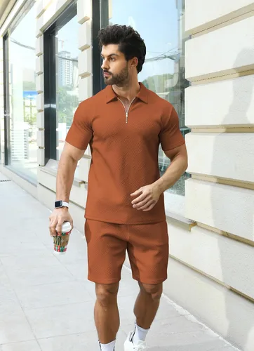 Vista 5 de KUYIGO Conjunto de camisa polo y pantalones cortos para hombre, trajes de verano a la moda, casual, de manga corta, traje de 2 piezas para hombre