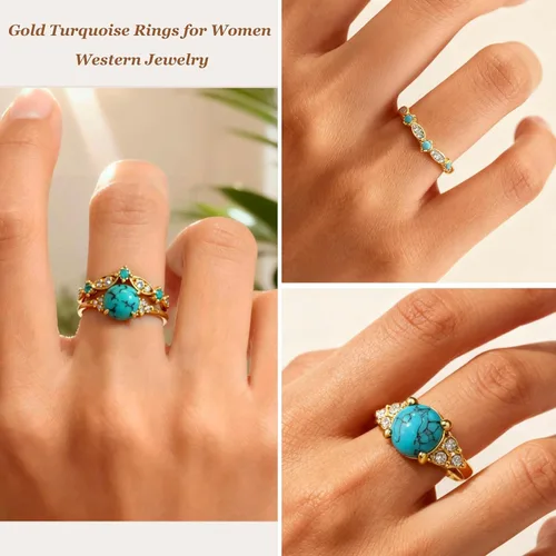 Vista 4 de Anillos gruesos dorados y turquesas apilables para mujeres, anillos para nudillos para el pulgar para mujer, diamantes de imitación vintage, joyería