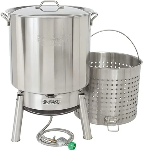 Vista 11 de Bayou Classic El kit de cocina de caldera de acero inoxidable cuenta con caldera de acero inoxidable de 44 cuartos con tapa, cesta de vapor/hervir