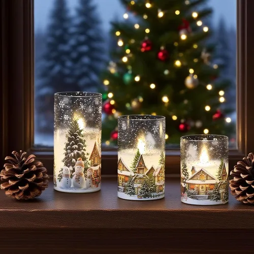 Vista 5 de Velas de cristal sin llama de casa de muñeco de nieve a pilas, con control remoto y temporizador; velas LED parpadeantes de cera real, luz blanca