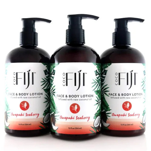 Vista 14 de Coco Fiji Loción facial y corporal infundida con aceite de coco, loción para piel seca, crema facial hidratante y loción de masaje para mujeres